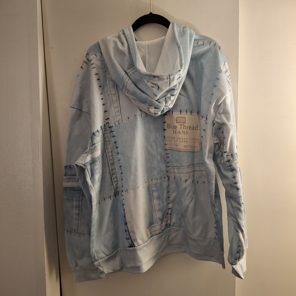 Blue Thread Denim Patchwork Women's Hoodie - Picture 2 of 11